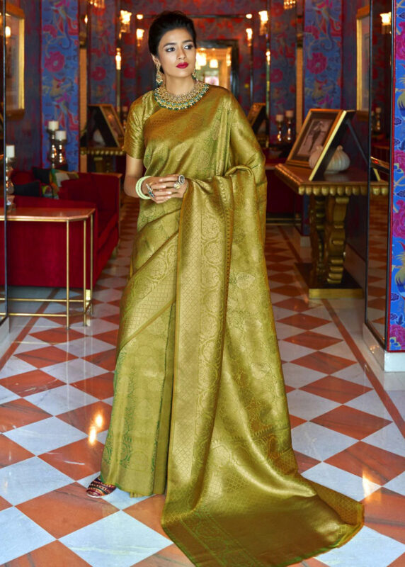 Olive Green Woven Kanjivaram Silk Saree