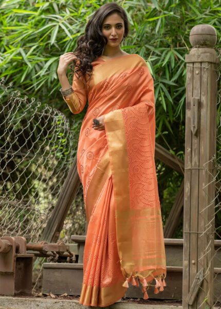 Orange Assam Silk Saree with Cut-Work Embroidery