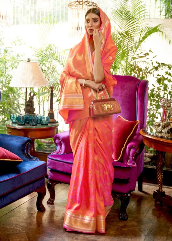 Peach Smooth Silk Banarasi Weave Saree