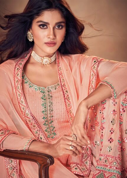 Peachy Pink Semi-Stitched Georgette Palazzo Suit Set