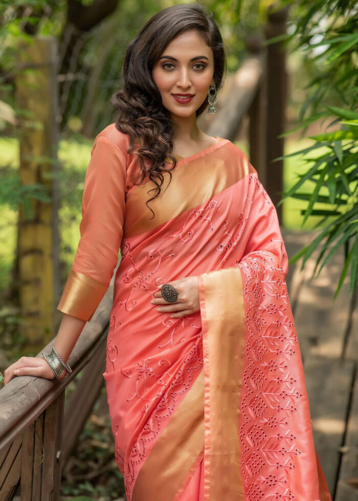 Pink Assam Silk Saree with Cut-Work Embroidery