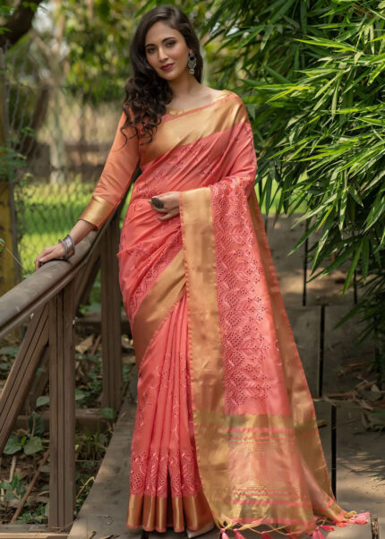 Pink Assam Silk Saree with Cut-Work Embroidery