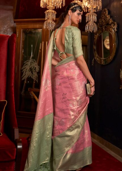 Pink & Green Dual Colour Woven Banarasi Silk Saree