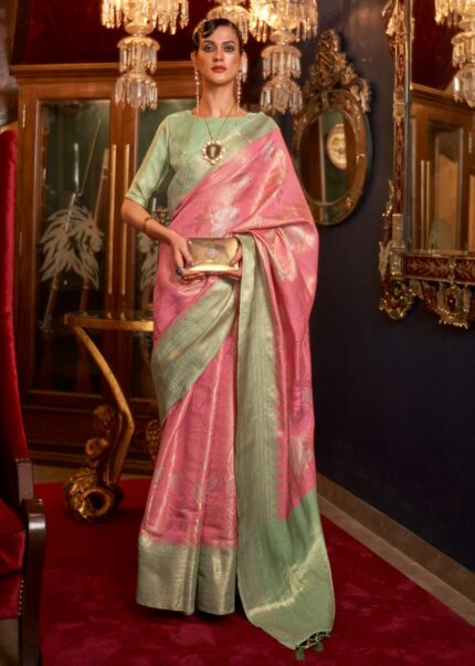 Pink & Green Dual Colour Woven Banarasi Silk Saree