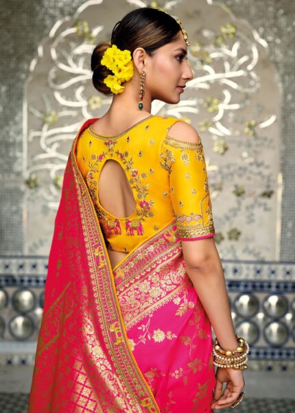 Pink & Yellow Dual-Colour Woven Banarasi Silk Saree