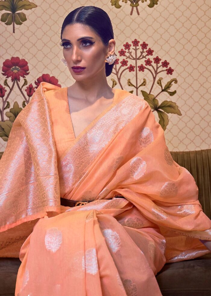 Salmon Orange Woven Linen Silk Saree