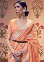 Salmon Orange Woven Linen Silk Saree