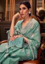 Teal Blue Woven Linen Silk Saree