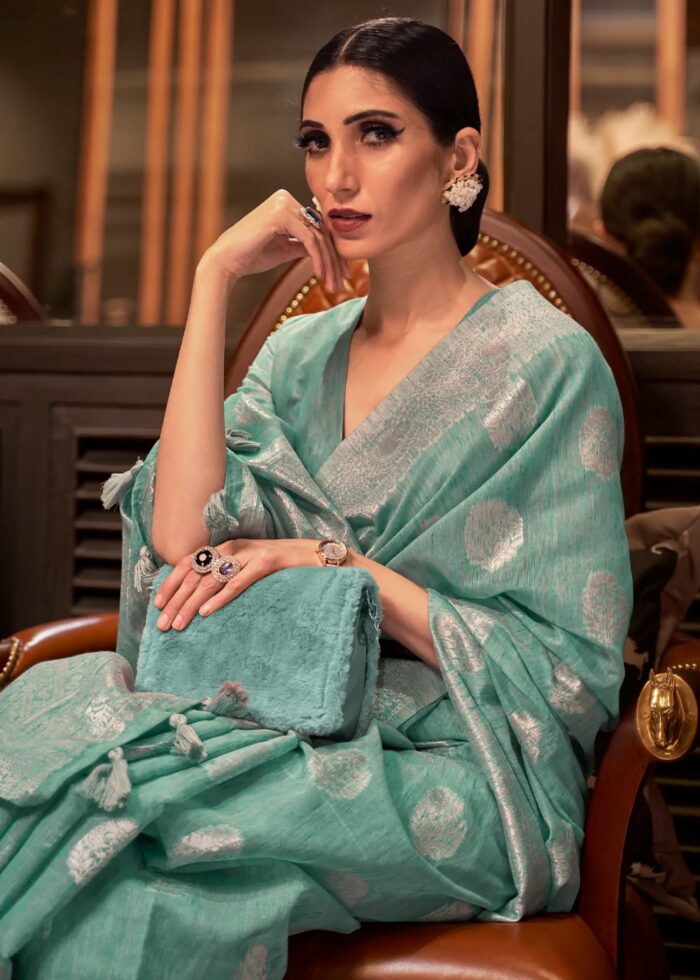 Teal Blue Woven Linen Silk Saree