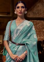 Teal Blue Woven Linen Silk Saree