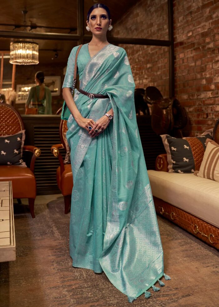 Teal Blue Woven Linen Silk Saree