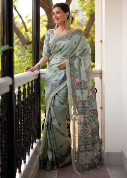 Teal Madhubani Print Tussar Silk Saree