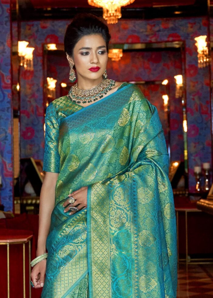 Turquoise Blue Woven Kanjivaram Silk Saree