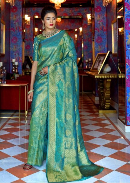 Turquoise Blue Woven Kanjivaram Silk Saree