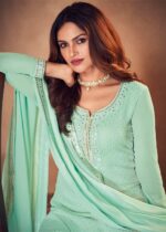 Turquoise Green Semi-Stitched Georgette Palazzo Suit Set