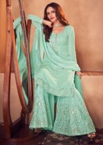 Turquoise Green Semi-Stitched Georgette Palazzo Suit Set