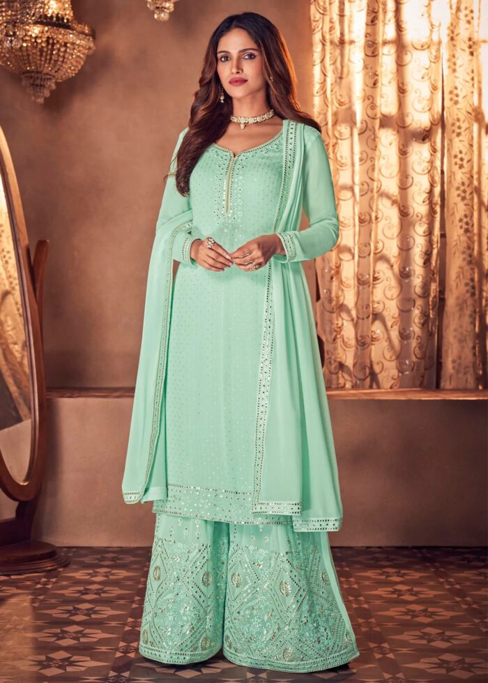 Turquoise Green Semi-Stitched Georgette Palazzo Suit Set