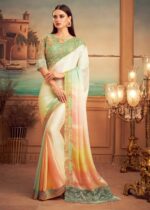 White Multi-Coloured Embroidered Designer Silk Saree