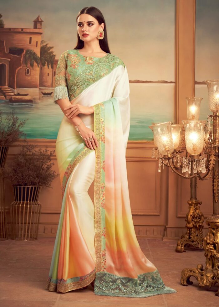 White Multi-Coloured Embroidered Designer Silk Saree