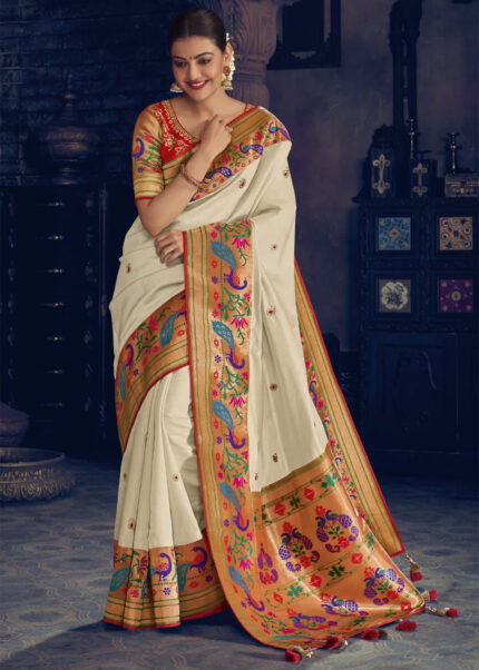 White Woven Paithani Silk Saree