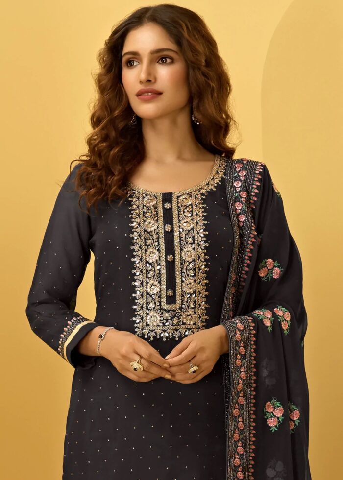 Black Unstitched Embroidered Georgette Suit Set