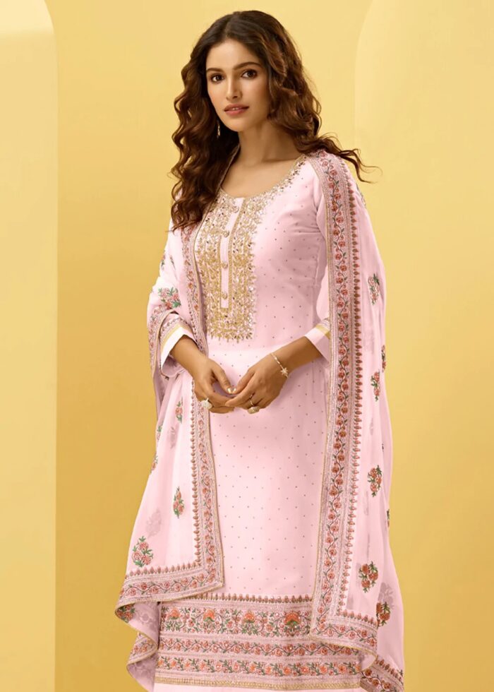 Blush Pink Unstitched Embroidered Georgette Suit Set