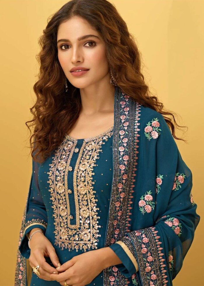 Cerulean Blue Unstitched Embroidered Georgette Suit Set