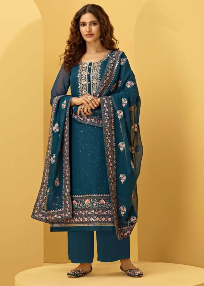 Cerulean Blue Unstitched Embroidered Georgette Suit Set