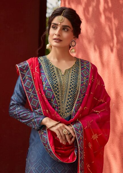 Cobalt Blue Digitally Printed Suit Set with Embroidery Work