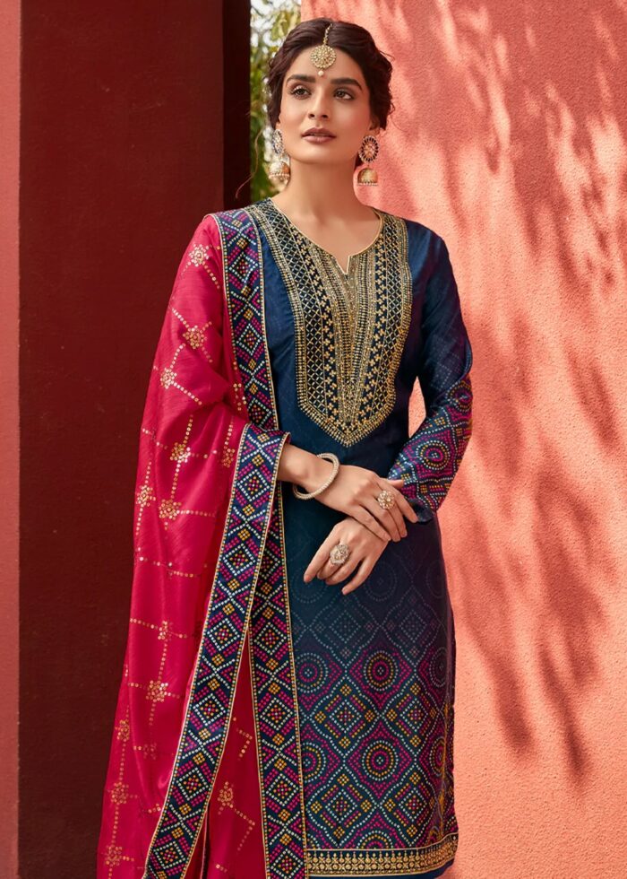 Cobalt Blue Digitally Printed Suit Set with Embroidery Work