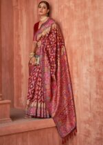 Currant Red Kashmiri Jamawar Woven Pashmina Silk Saree