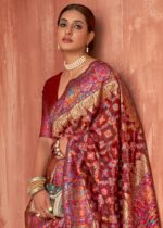 Currant Red Kashmiri Jamawar Woven Pashmina Silk Saree