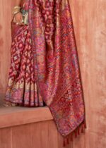 Currant Red Kashmiri Jamawar Woven Pashmina Silk Saree