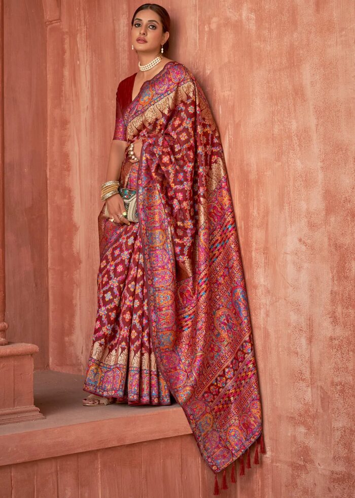 Currant Red Kashmiri Jamawar Woven Pashmina Silk Saree