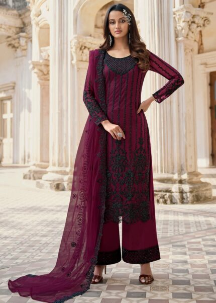 Dark Plum Unstitched Heavily Embroidered Suit Set