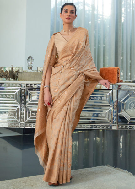 French Beige Cotton Saree with Lucknowi Chikankari Weaving