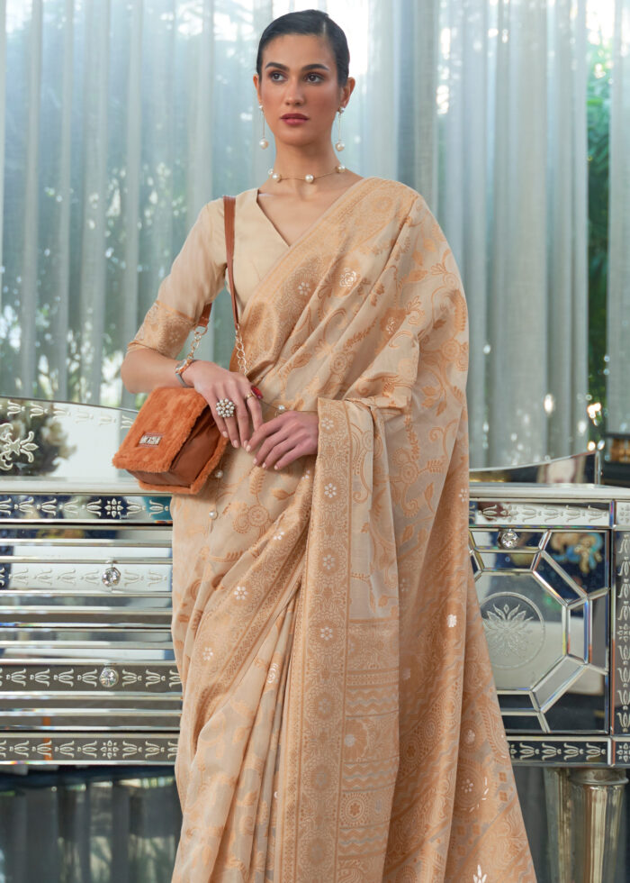 French Beige Cotton Saree with Lucknowi Chikankari Weaving