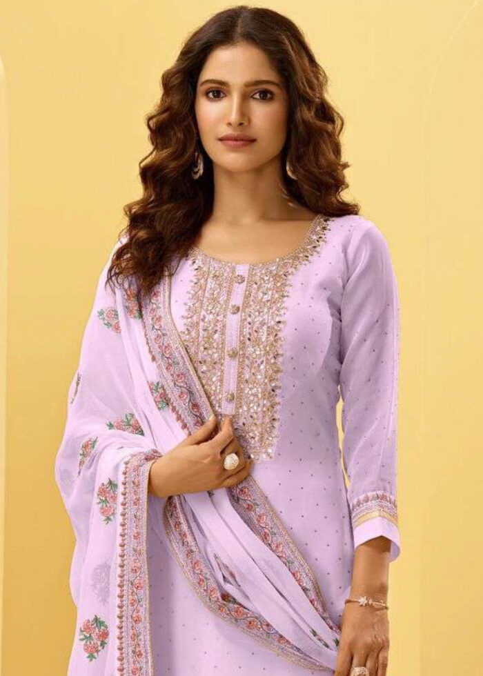 Lavender Unstitched Embroidered Georgette Suit Set