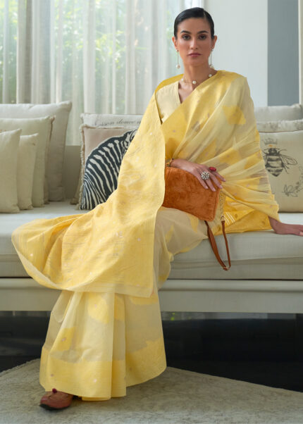 Lemon Yellow Cotton Saree with Lucknowi Chikankari Weaving