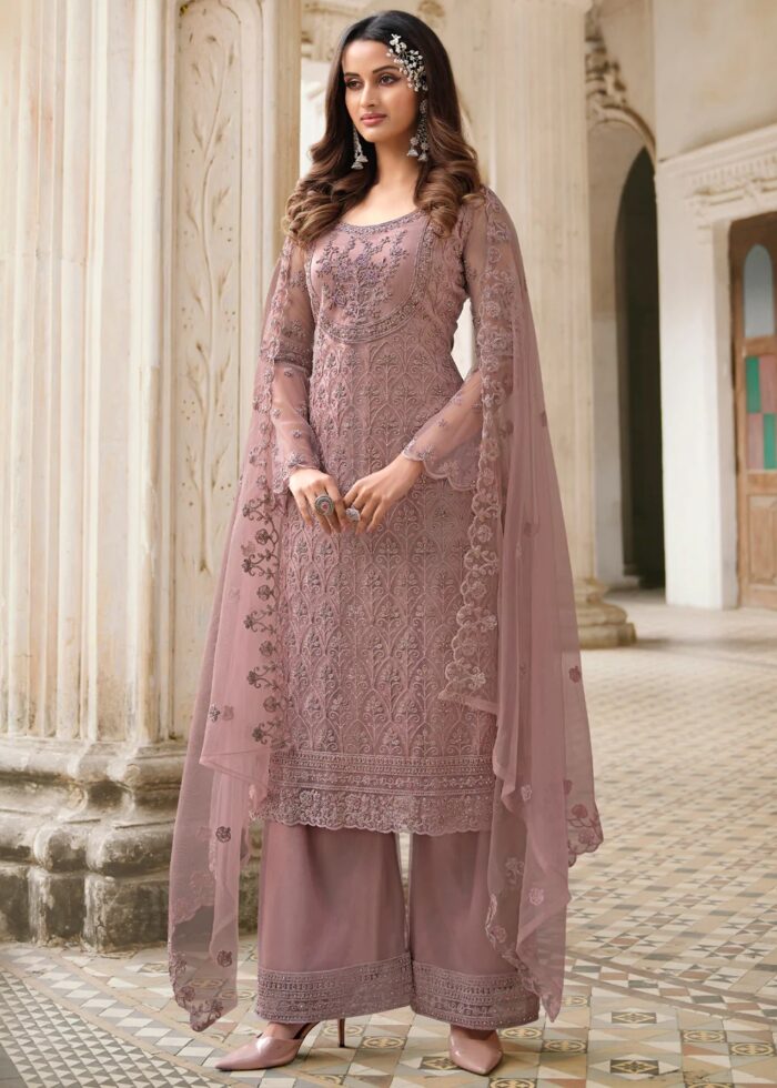 Mauve Unstitched Heavily Embroidered Suit Set