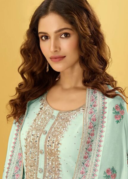 Misty Teal Unstitched Embroidered Georgette Suit Set