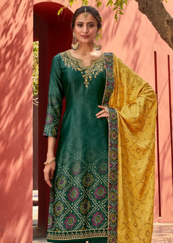 Moss Green Digitally Printed Suit Set with Embroidery Work