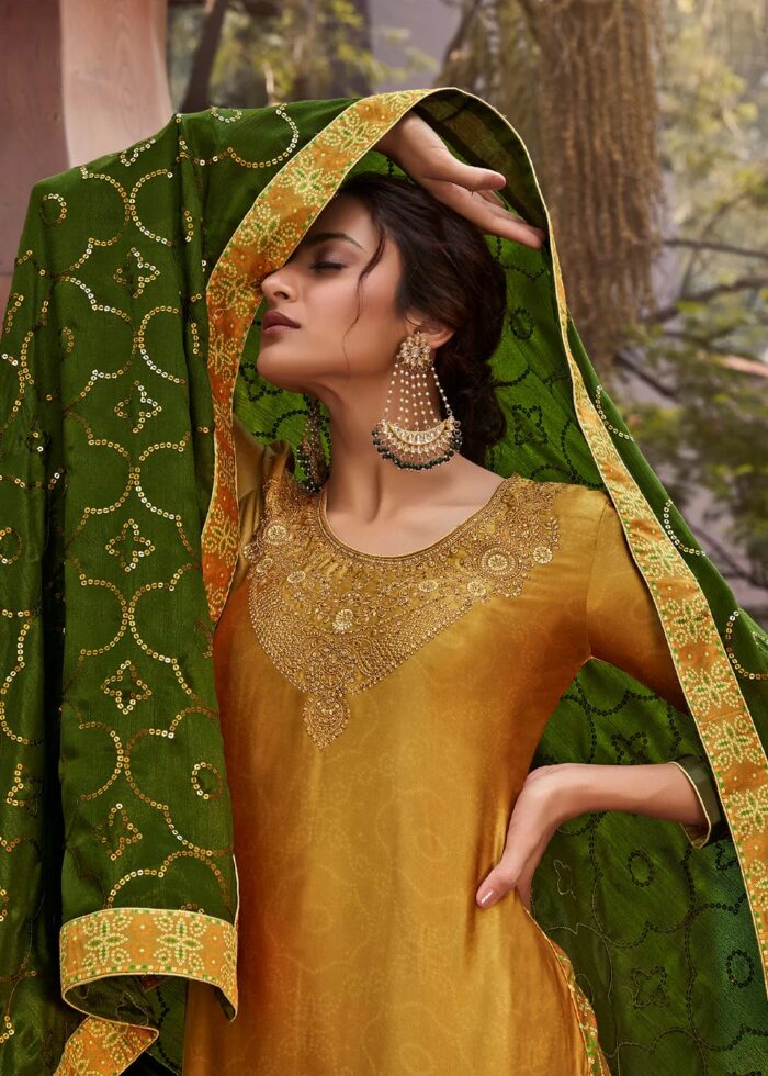 Mustard Yellow Digitally Printed Suit Set with Embroidery Work