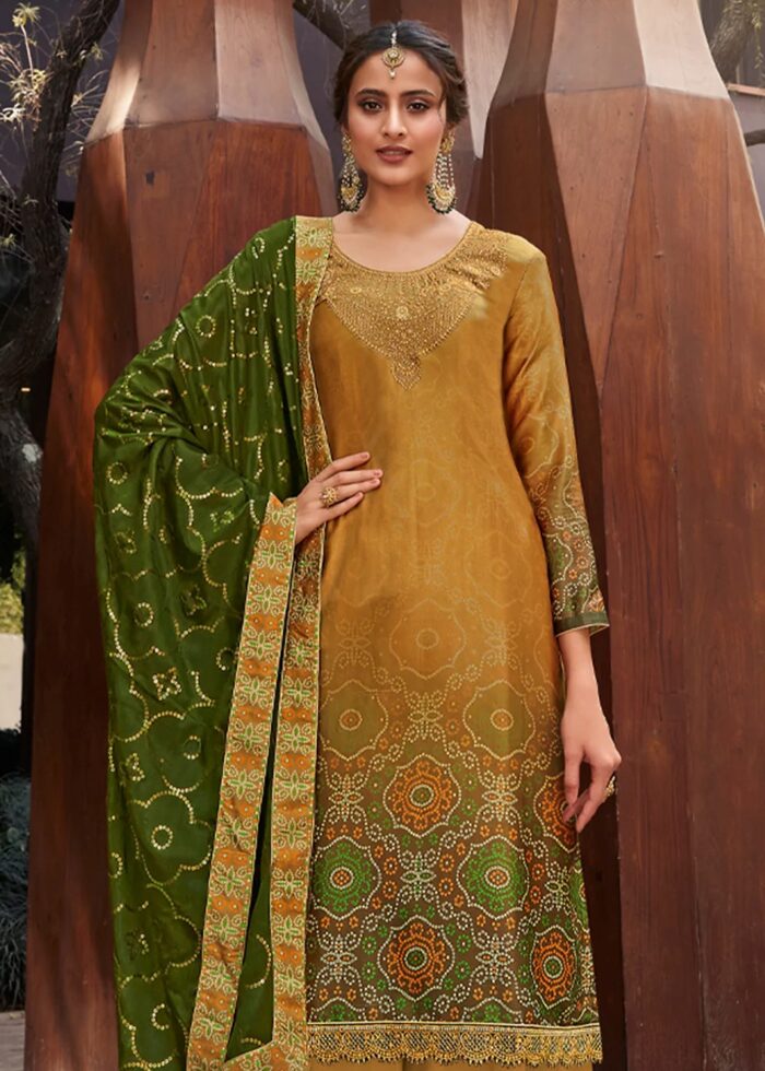 Mustard Yellow Digitally Printed Suit Set with Embroidery Work