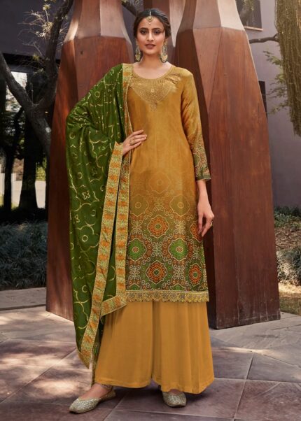 Mustard Yellow Digitally Printed Suit Set with Embroidery Work