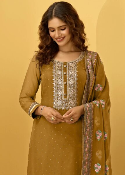 Mustard Yellow Embroidered Georgette Suit Set