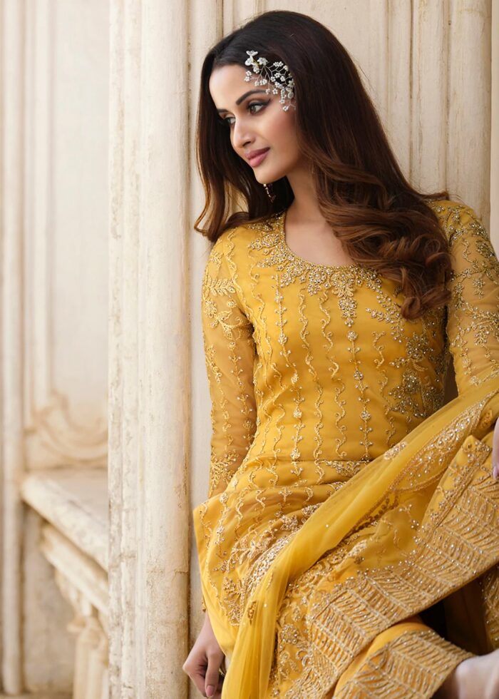 Mustard Yellow Unstitched Heavily Embroidered Suit Set