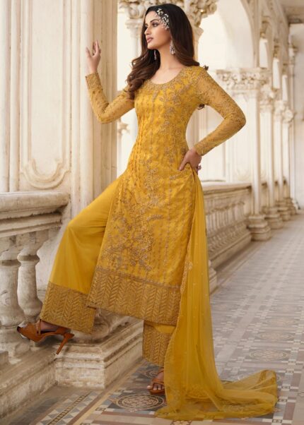 Mustard Yellow Unstitched Heavily Embroidered Suit Set