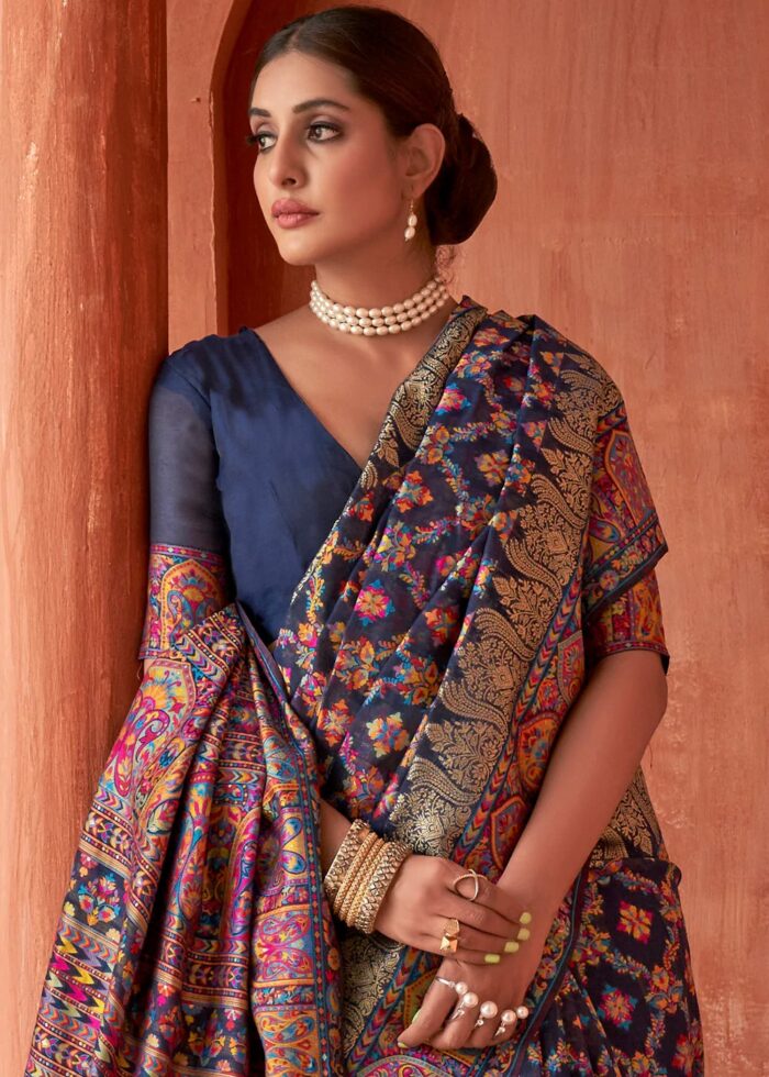 Navy Blue Kashmiri Jamawar Woven Pashmina Silk Saree