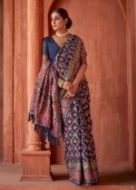 Navy Blue Kashmiri Jamawar Woven Pashmina Silk Saree